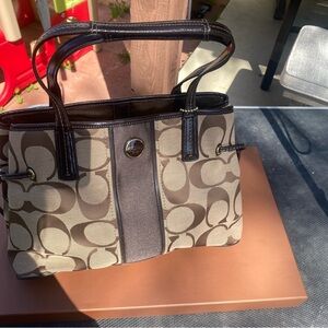 Coach Brown and Tan Shoulder Bag with Signature Monogram